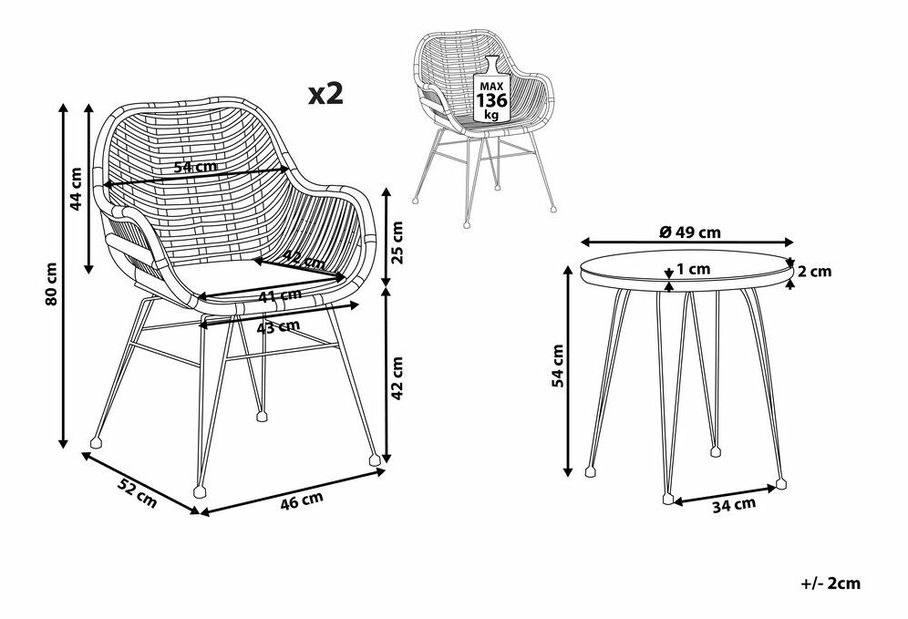 Set mobilier de grădină Tropico (natural) (cu perne) (pentru 2 persoane)