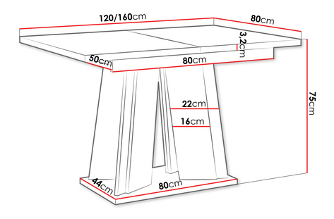 Masă sufragerie extensibilă Ledysa (lucios Negru + beton) (pentru 2-6 persoane)