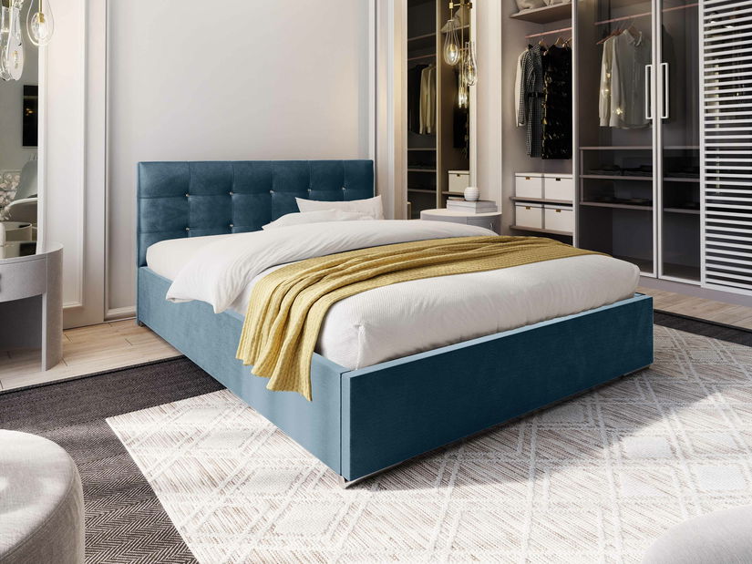 Franciaágy 180 cm Lonnie (kék) (ágyráccsal és tárolóhellyel)