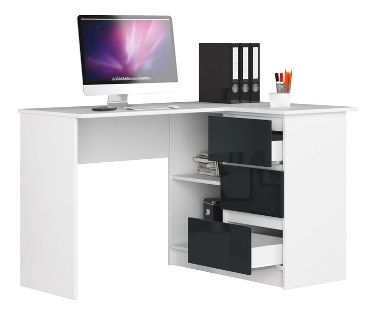 Masă PC de colț Bodhi (alb + grafit lucios) (D)