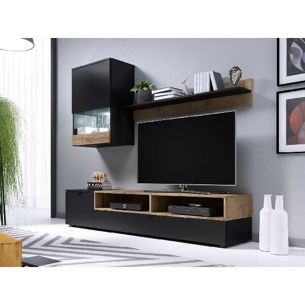 Mobilier living Timothy (Negru + stejar lefkas) (iluminat LED Alb)