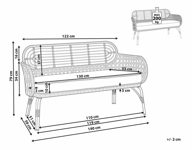 Kerti kanapé Praza (természetes + grafit)