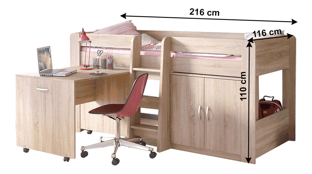 Pat pentru copii combinat 90 cm Flann (stejar sonoma) (cu placă somieră )