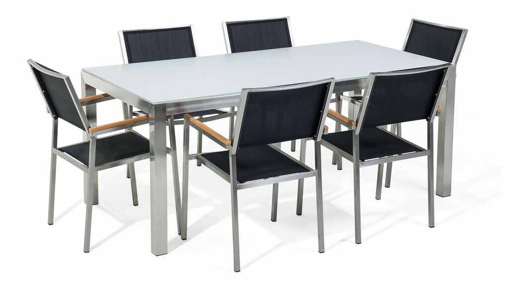 Záhradná jedálenská sada Grosso (čierna) (biela sklenená doska) (čierne stoličky)