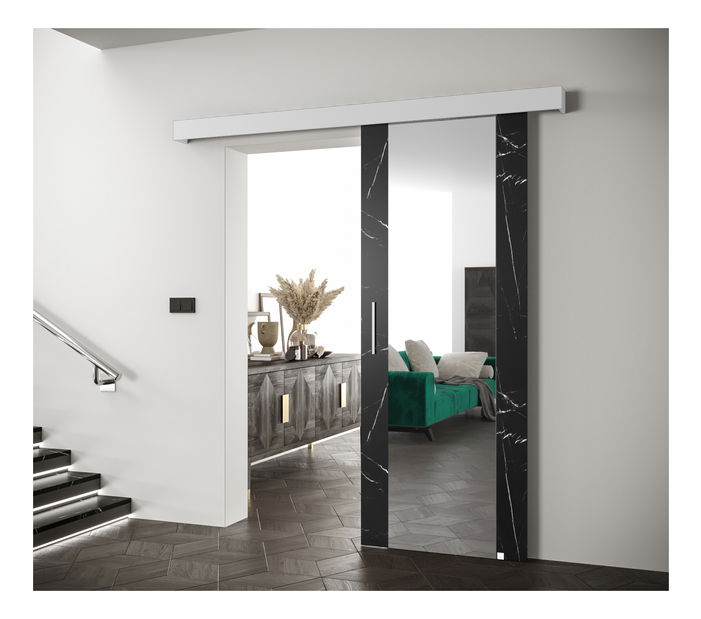Uși culisante 90 cm Sharlene II (marmură negru + alb mat + argintiu) (cu oglindă)