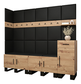 Set mobilier pentru hol Amanda 9 (Stejar artisan + piele ecologică Negru)