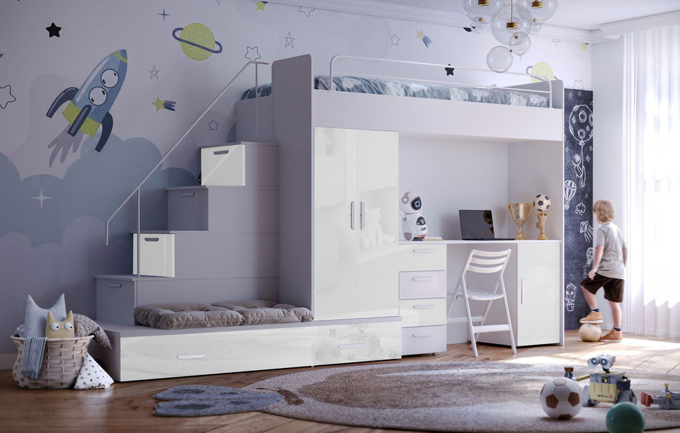 Detská posteľ Ruby V (Biela + Biela) (s roštami)
