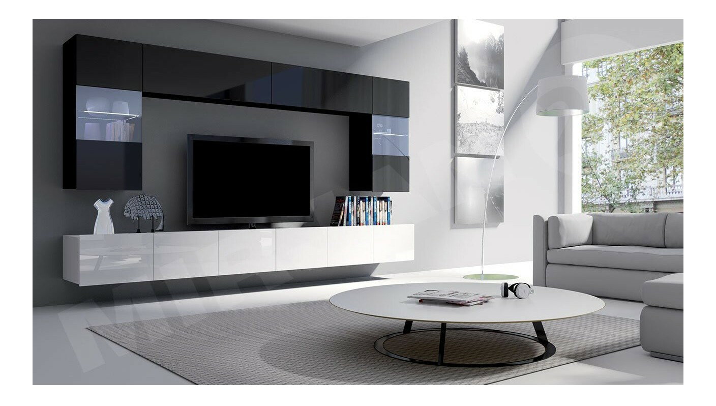 Mobilier living Brolani I (Negru + lucios Negru + Alb + lucios Alb) (cu iluminat LED albastru)