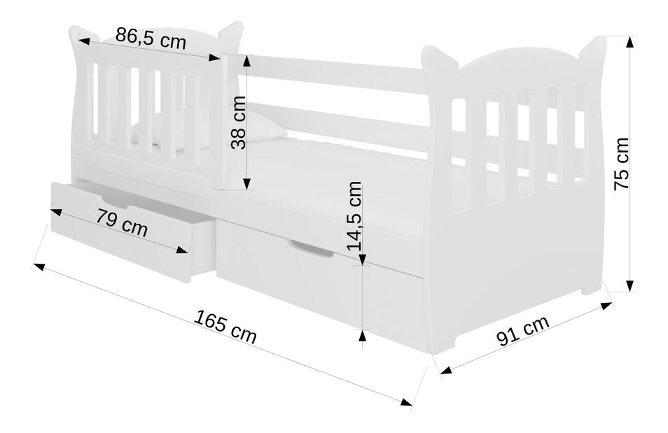 Pat pentru copii 160x75 cm Lenka (cu somieră și saltea) (Alb + Gri)