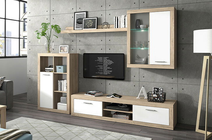 Obývacia stena BRW Seema (biela + dub sonoma) (bez osvetlenia)