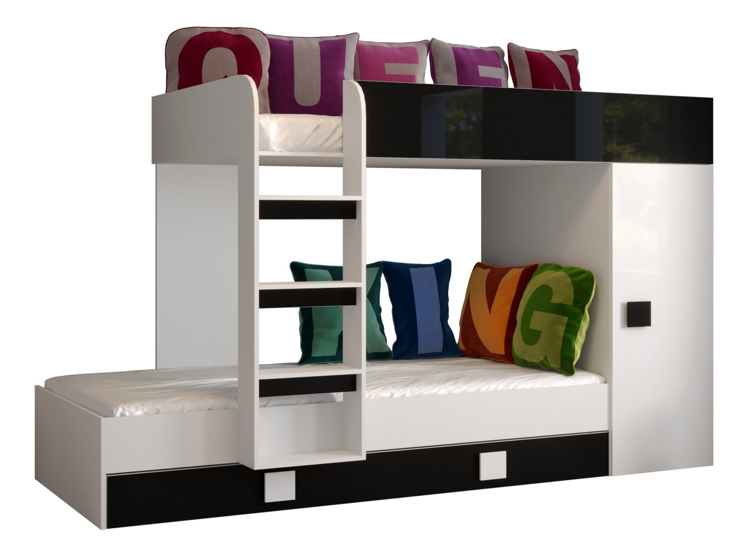 Detská kombinovaná posteľ 90 cm Toreno 2 (biela + biely lesk + čierny lesk)