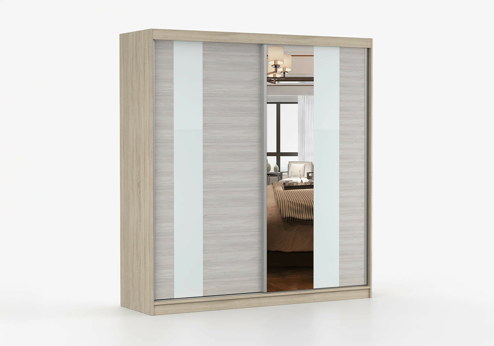 Ruhásszekrény Mebur 32 200 (Sonoma tölgy + Katthult + Fehér üveg + Tükör)