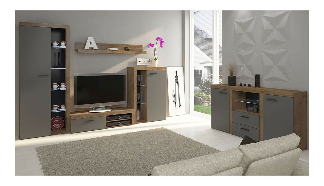 Set za dnevni boravak Rokara (s komodom) (hrast lefkas + grafit) (bez rasvjete)