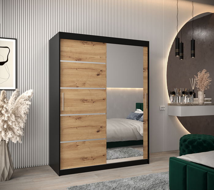 Šatníková skriňa 150 cm so zrkadlom Verika 2 150 (čierna + dub artisan)