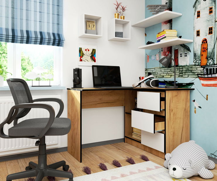 Masă PC de colț Bodhi (Stejar craft + Alb) (D)