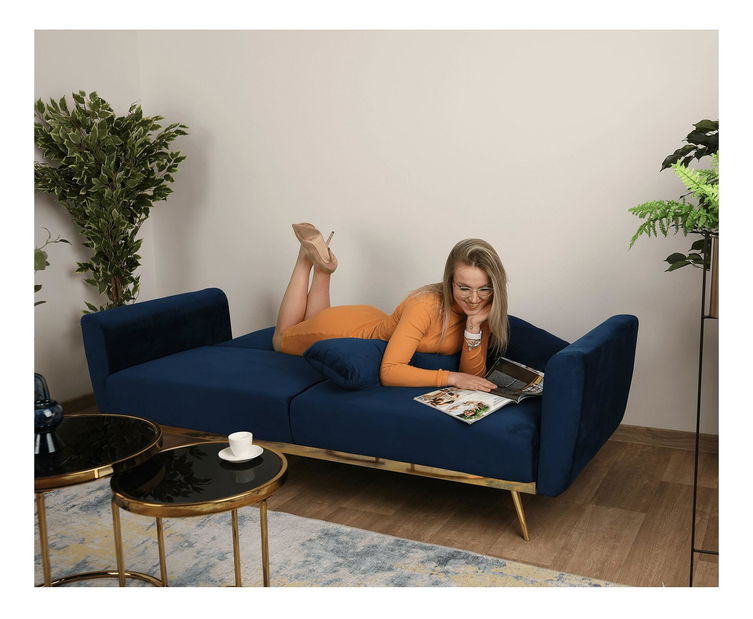 Pohovka Fontaine (kráľovská modrá Velvet látka + gold chróm-zlatý)