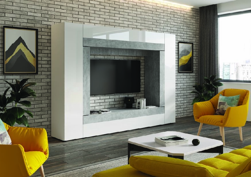 Mobilier living Warsa (Alb + Alb lucios + beton)