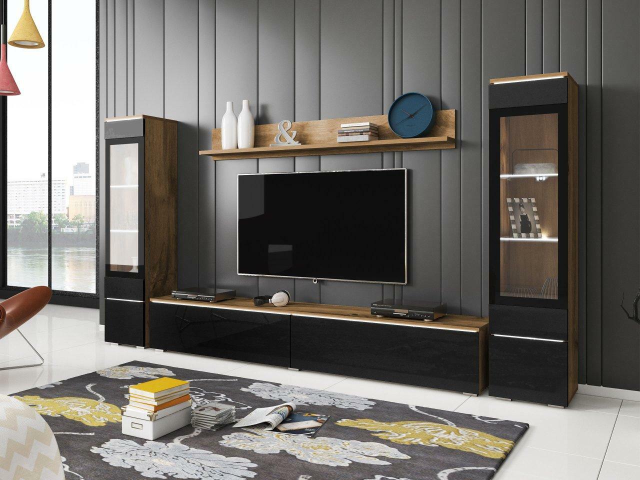 Nábytok do obývacej izby Selwyn II (wotan + čierny lesk) (osvetlenie led biele)