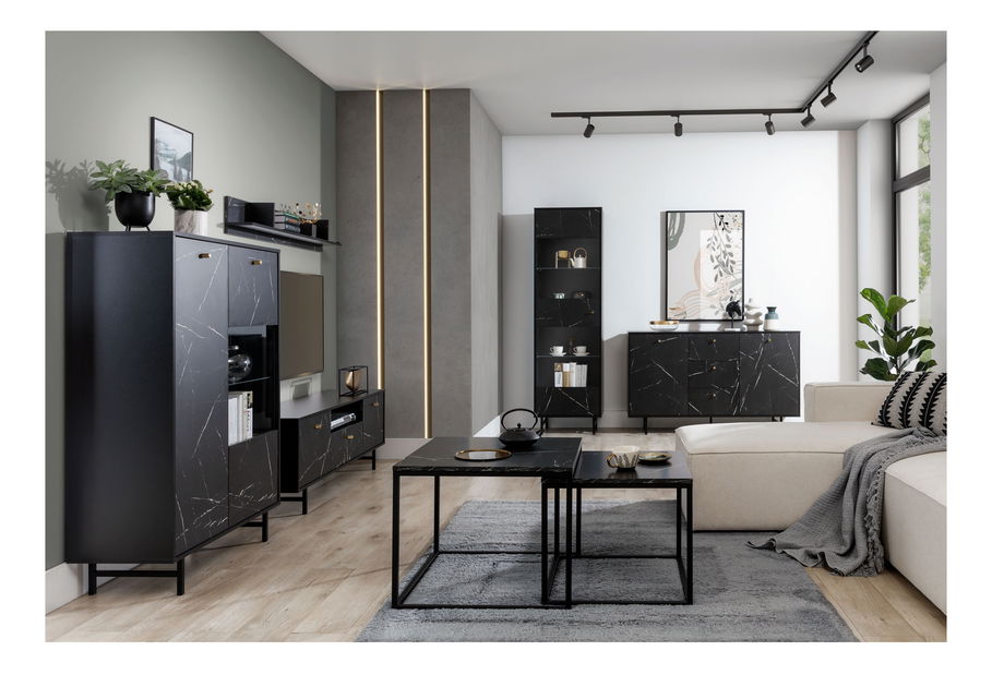 Vitrină Verona WIT60 (Negru + Marmură neagră)