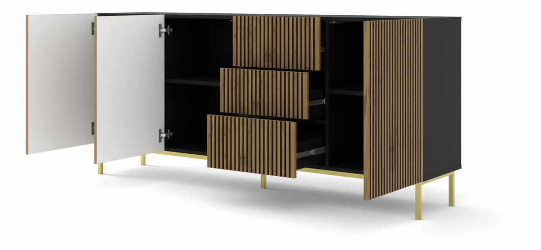 Komoda F 3D3S 200 Rowanna (čierna + dub artisan + zlatá)