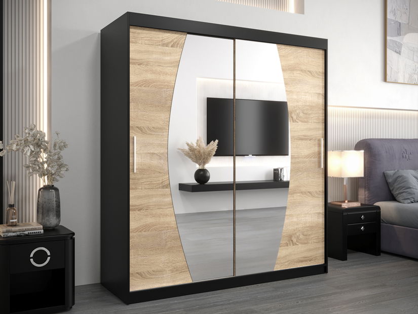 Šatníková skriňa 180 cm Eclipse (čierna matná + dub sonoma)