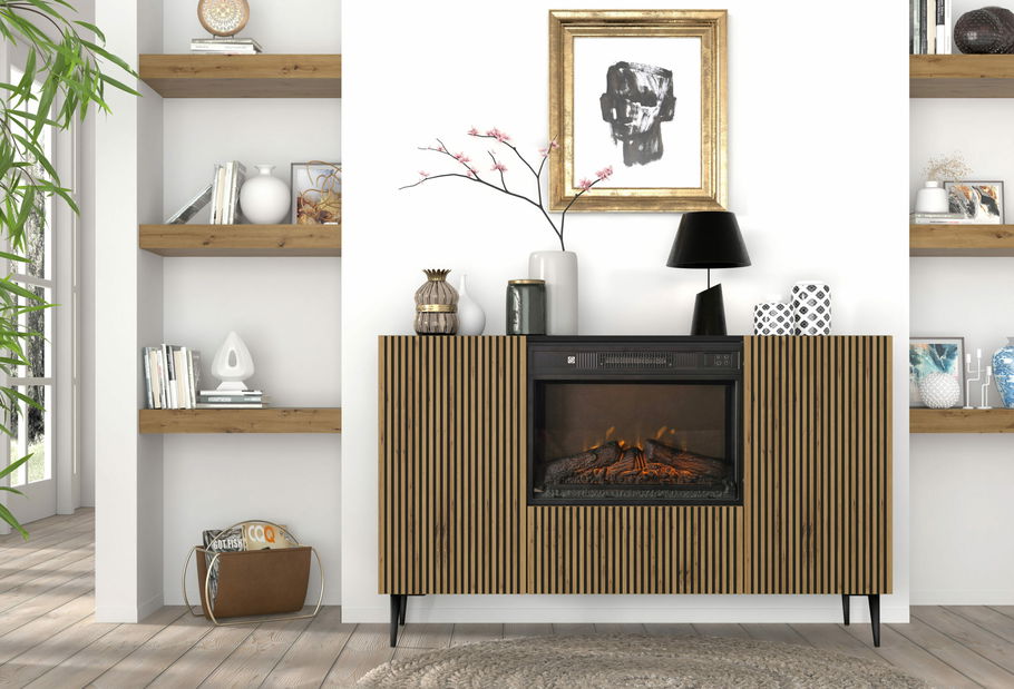 Ormarić s električnim kaminom F 2D1K Rowanna (hrast artisan + crna)