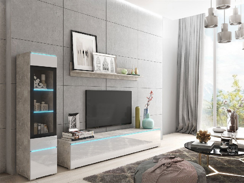 Mobilier living Selwyn I (beton + Alb lucios ) (iluminat LED Alb)