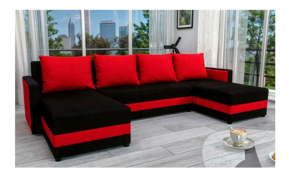 U alakú sarokkanapé Paulati (fekete + piros) (tárolóhellyel)