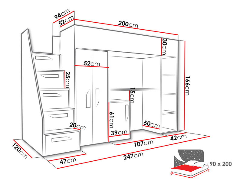 Emeletes ágy lépcsővel Perseia 14 (fehér + fényes rózsaszín)
