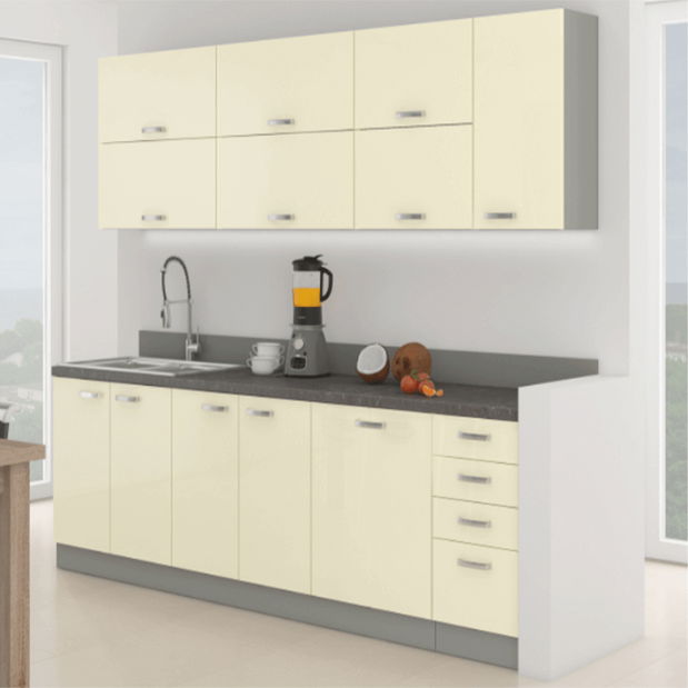 Kuhinja Primula 260 cm (siva + sjaj visoki krem) 