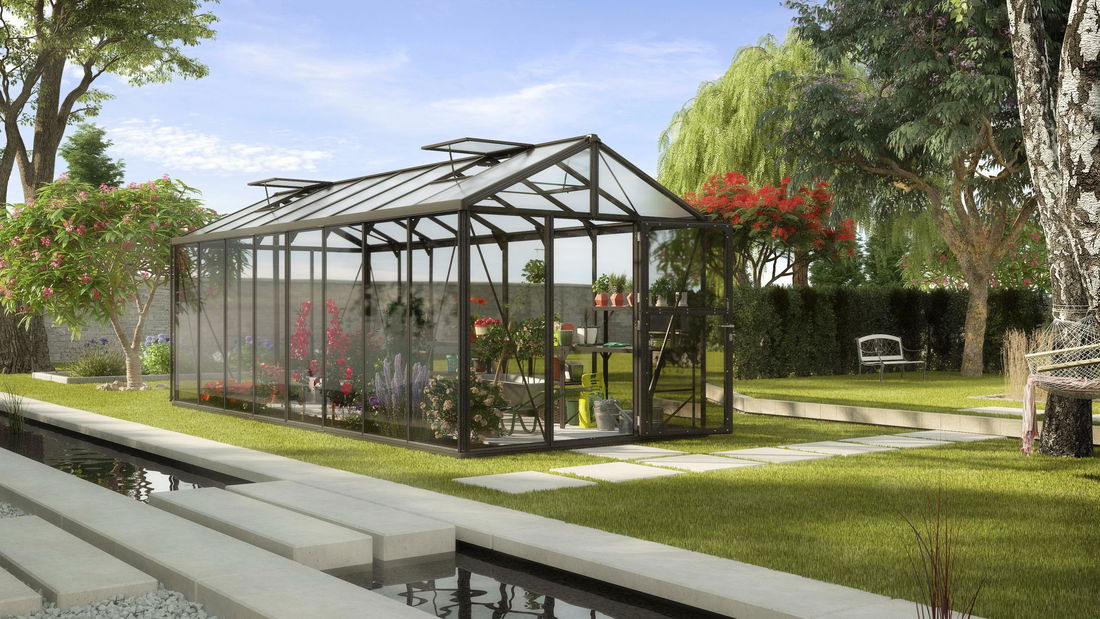 Klasszikus stílusú üvegház Zeus 15700 (poli + szilárd üveg + porszórt fekete)