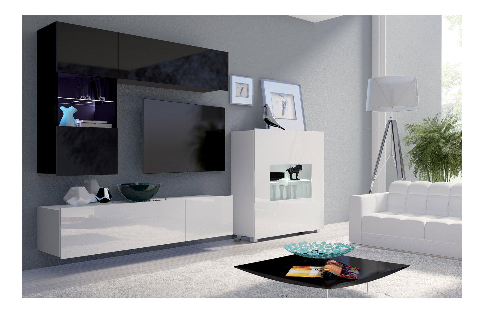 Nappali fal Calabria C3 (fekete + fehér) (világítás nélkül)