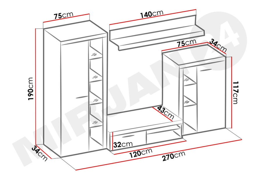 Set za dnevni boravak Rokara (s komodom) (hrast sonoma) (bez rasvjete)