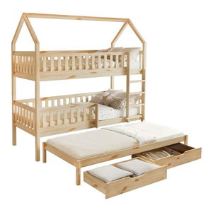 Pat etajat pentru copii , cu pat suplimentar 90 cm Virtuoso (natural) (cu somieră) (cu sp. depozitare)