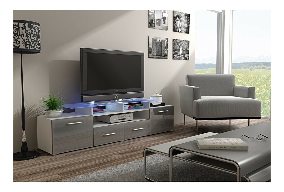 TV stolík + skrinka Blaise (biela + sivý lesk) (bez osvetlenia)