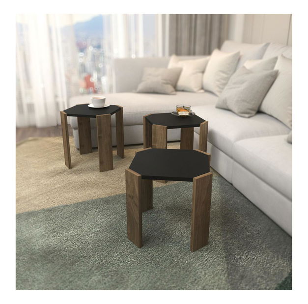 Set 3 măsuțe cafea Lorizolla (antracit + nuc)