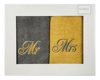 Sada uterákov 50x90 cm Mr Mrs (tmavosivá + horčicová)