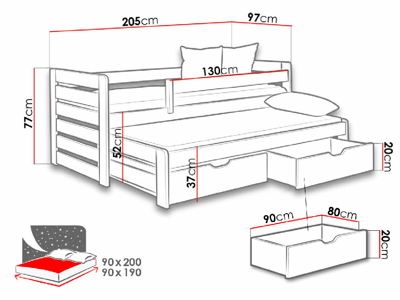 Detská posteľ 90 cm Caty (sivá + grafit) (s úl. priestorom)