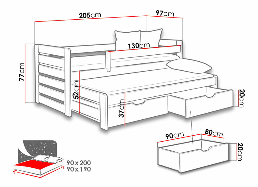 Detská posteľ 90 cm Caty (sivá + grafit) (s úl. priestorom)