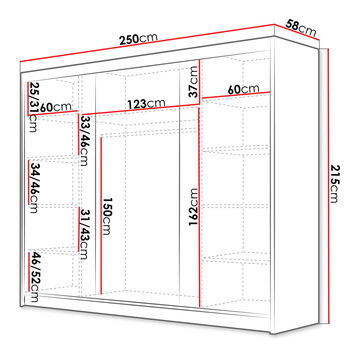 Dulap de haine cu uși culisante Fozzurt VII 250 (Negru + Alb + auriu) 