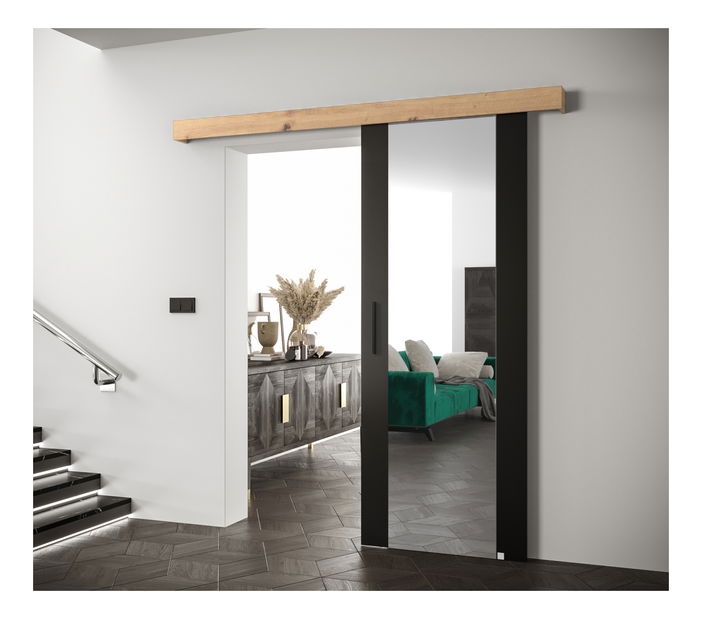 Klizna vrata 90 cm Sharlene II (crna mat + hrast artisan + crna) (s ogledalom)