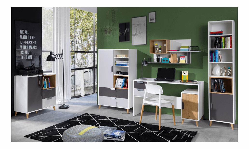 Masă PC cu dulap typ 13 Sinny (alb + grafit + stejar lefkas) 