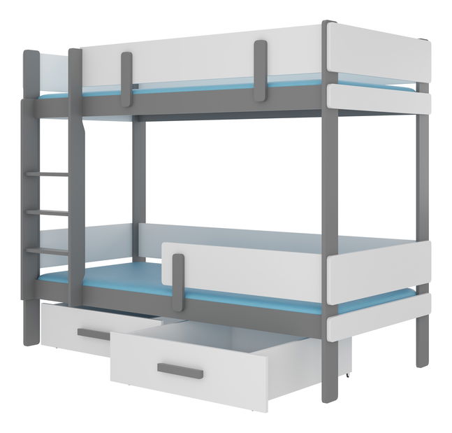 Pat etajat pentru copii 200x90 cm Ellen (cu somieră și saltea) (Gri + Alb)