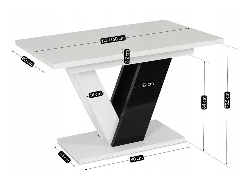 Blagovaonski stol na razvlačenje Comentado (bijeli sjaj + crni sjaj) (za 4 do 6 osoba)