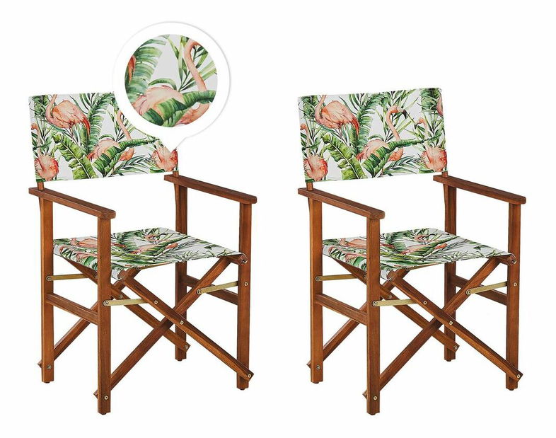 Set 2 ks záhradných lehátok s náhradnými poťahmi Ciala (tmavé drevo + vzor plameniakov)