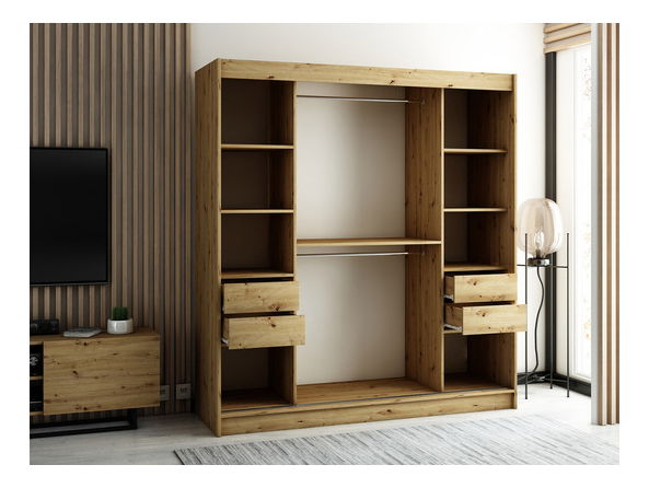 Tolóajtós szekrény Bran 200cm (artisan tölgy + matt fekete + artisan tölgy) (nem)