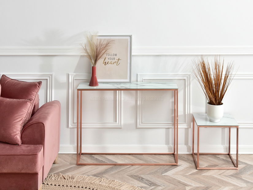 Konzolový stolík Bella Kons (biely mramor + medená)