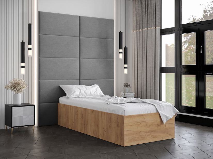 Pat de o persoană cu tăblie tapițată 90 cm Brittany 1 (Stejar craft auriu + gri) (cu somieră)