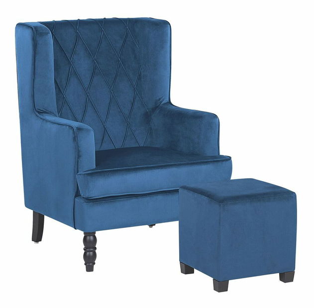 Kreslo ušiak SANES (tmavomodrá) (s taburetkou)