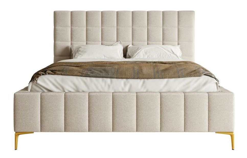 Pat matrimonial 160 cm Sheldona 160 (cu somieră) (cu sp. depozitare) (gri bej + auriu)